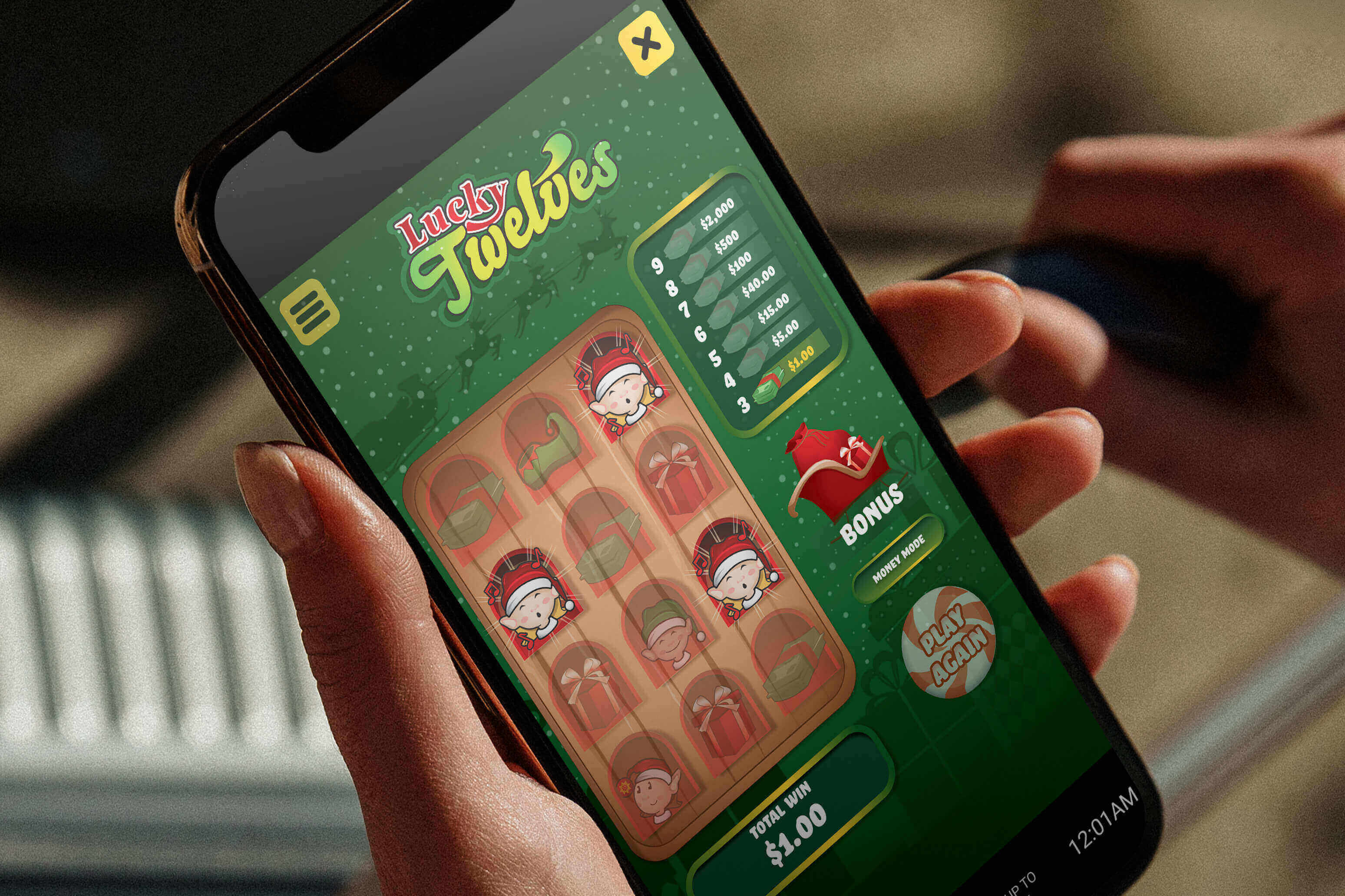 person holding Lucky Twelves mobile game